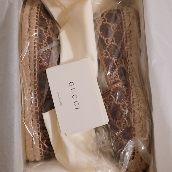 Authentic Gucci Women GG Lamé Espadrille Shoes In Brown - Picture 11 of 13